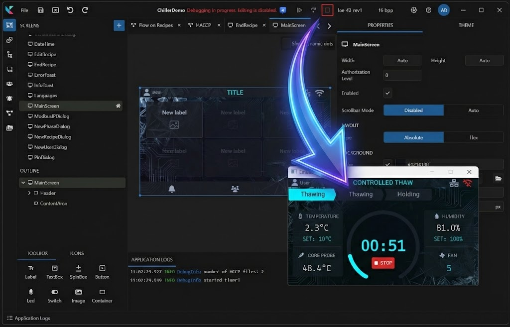 Project emulator showing real-time application preview