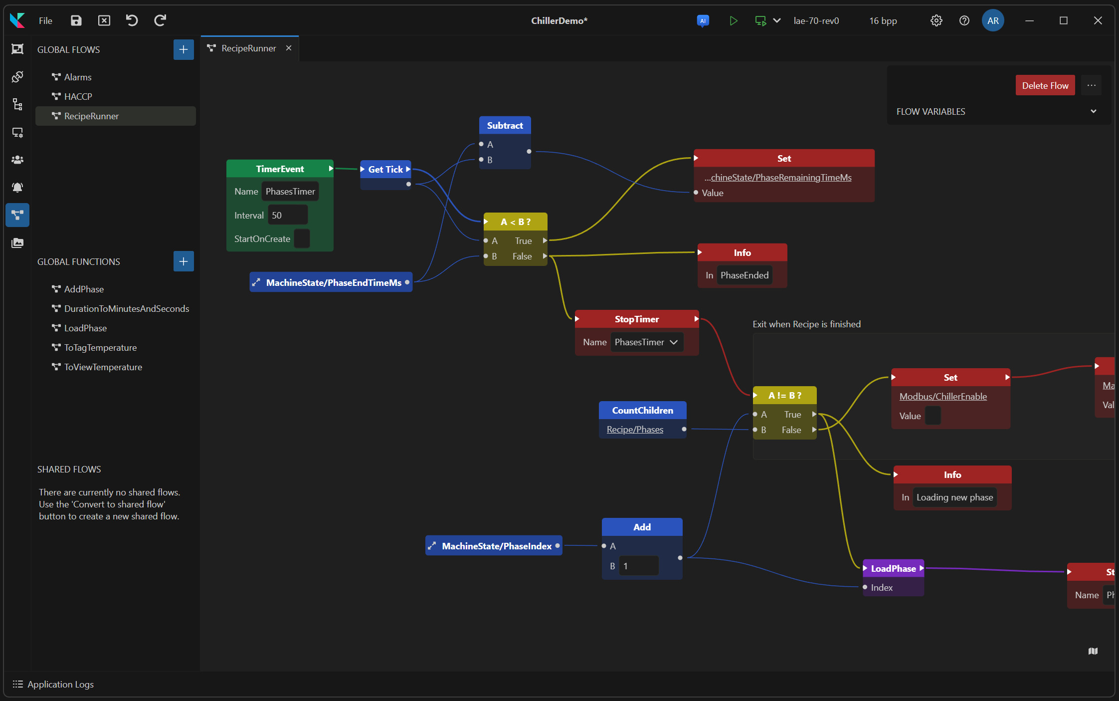 Flow visual programming language with connected logic blocks