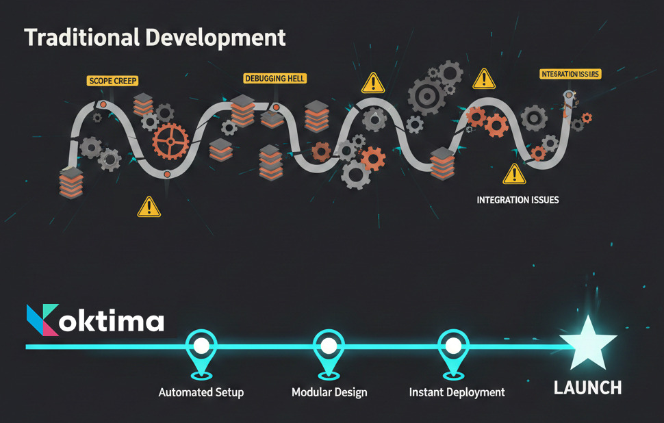 Timeline comparison showing faster development with Oktima